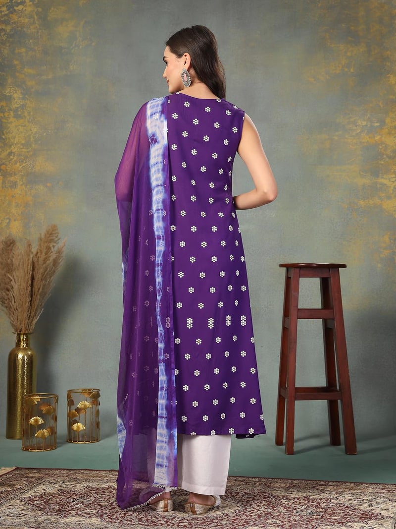 Stylum Women's Floral Printed & Embroidered Rayon A-Line Kurta With Dupatta - Image 2