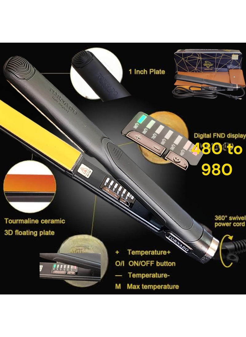 tornado gold - TORNADO Gold Hair Straightener, Floating Gold Ceramic Plates with Temperature Control up to 980°F, Black - Image 1