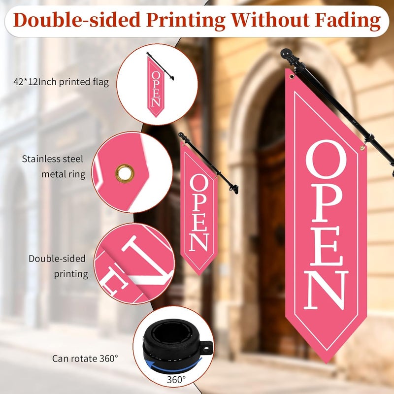 yeload OPEN Flag with Pole Kit - Heavy Duty Canvas Open Banner for Business Storefront, 42x12 Inch Outdoor Double-Sided Sign with Bracket - Advertising Signage for Retail & Shops (Pink) - Image 3
