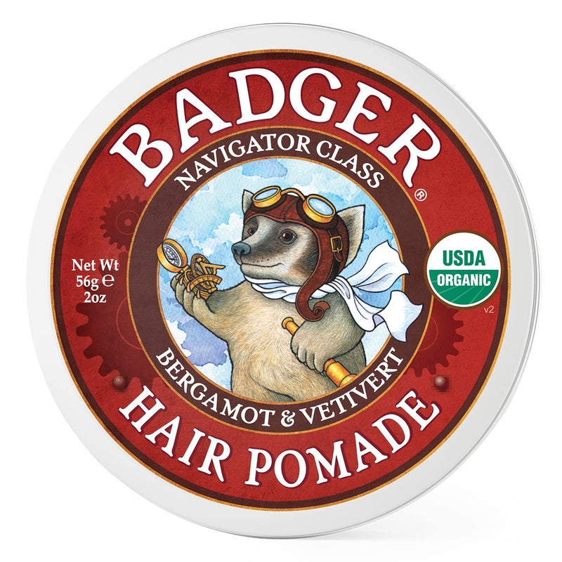 Badger Hair Pomade for Men, 100% Organic, Easy to Use, Subtle Masculine Scent, Medium Hold Hair Pomade with Medium Shine Finish, 2 oz Tin