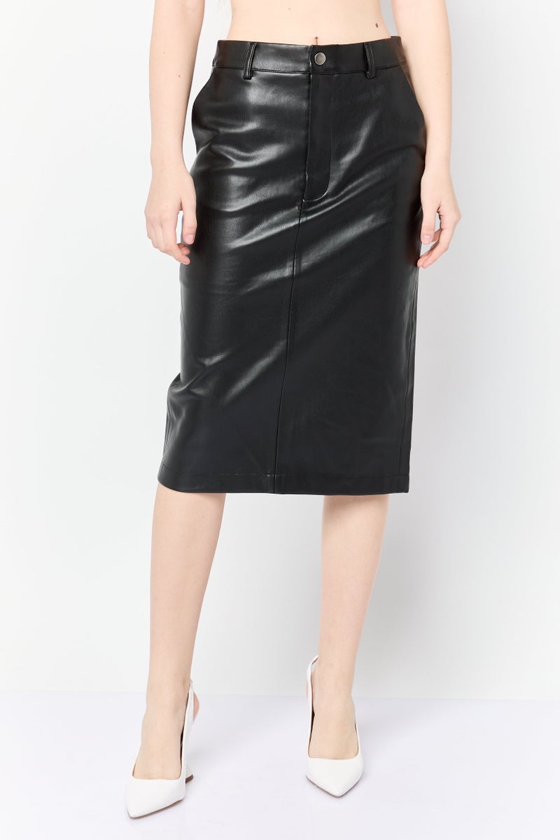 ESPRIT Women Plain Leather Midi Skirt, Black - Image 1