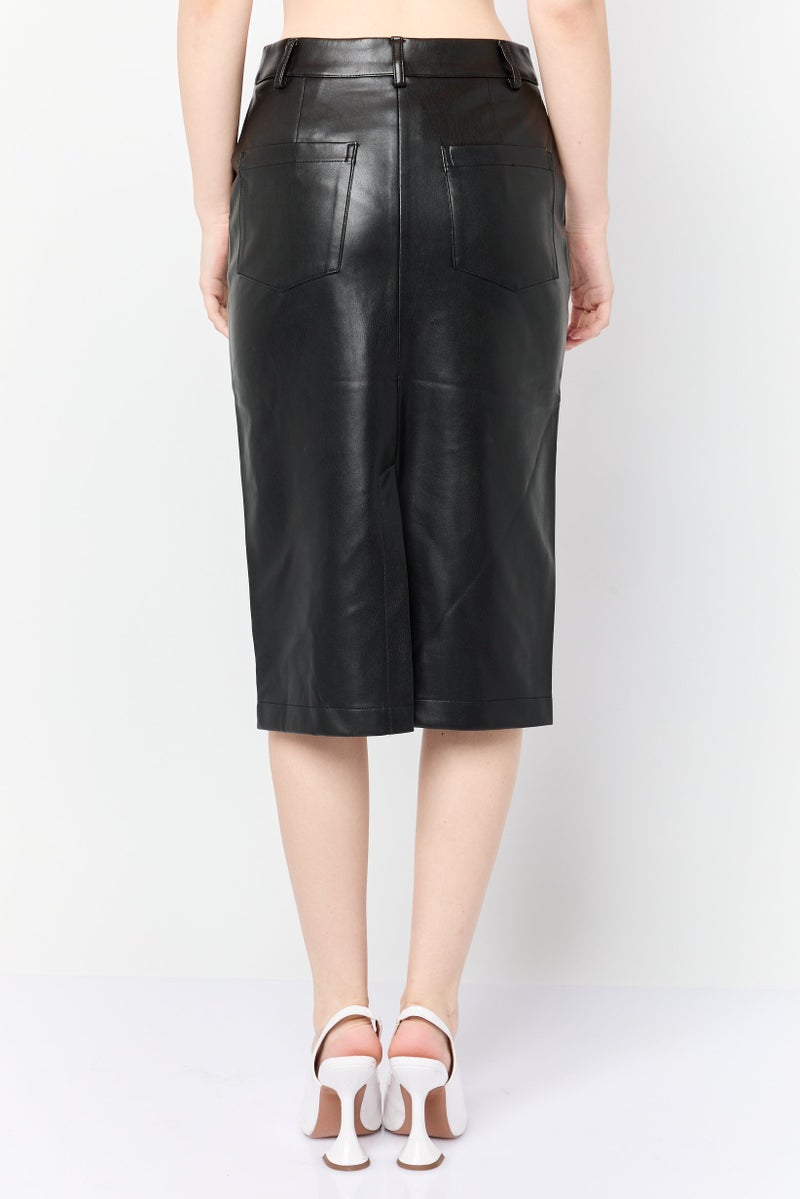 ESPRIT Women Plain Leather Midi Skirt, Black - Image 4