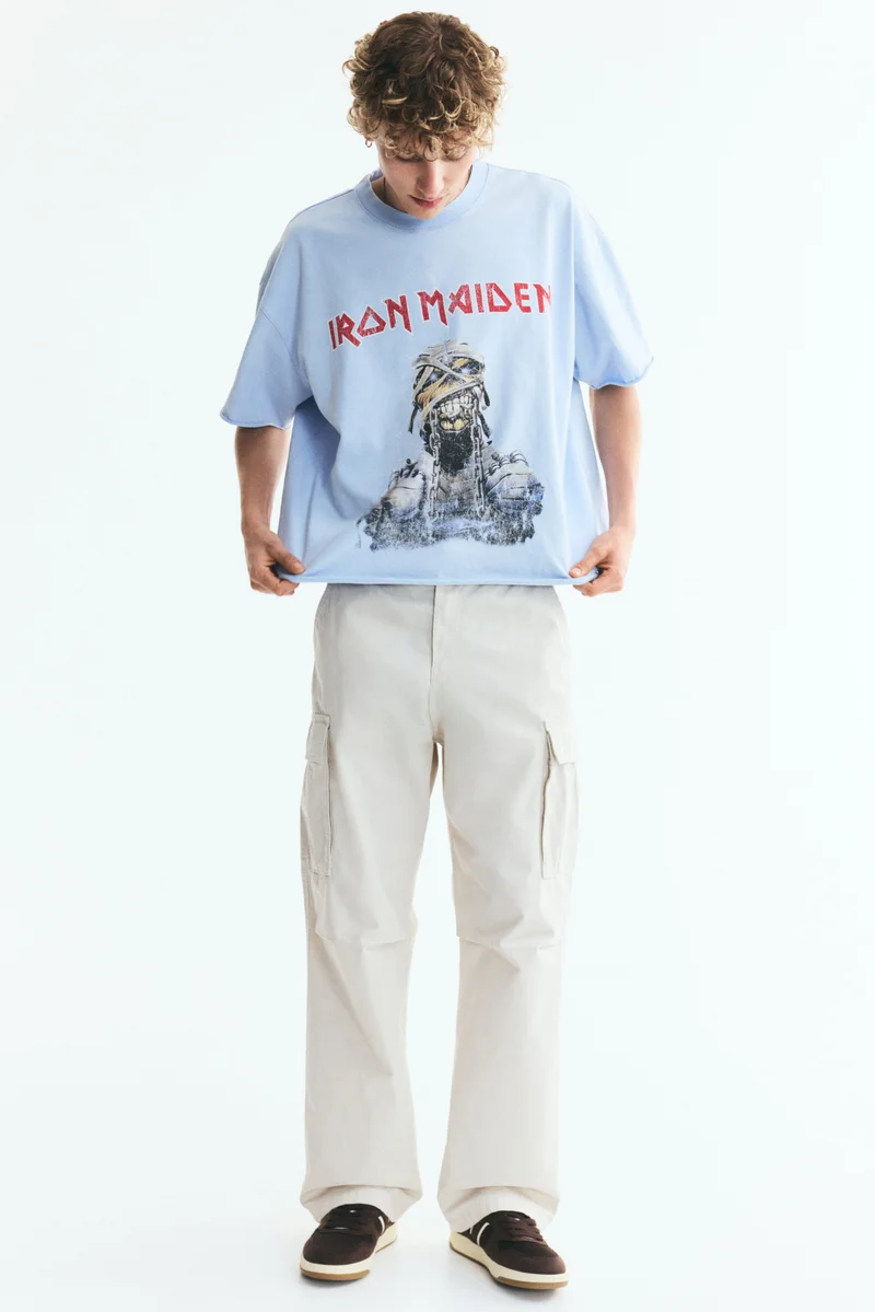 H&M Oversized Fit Printed raw-edge cotton T-shirt