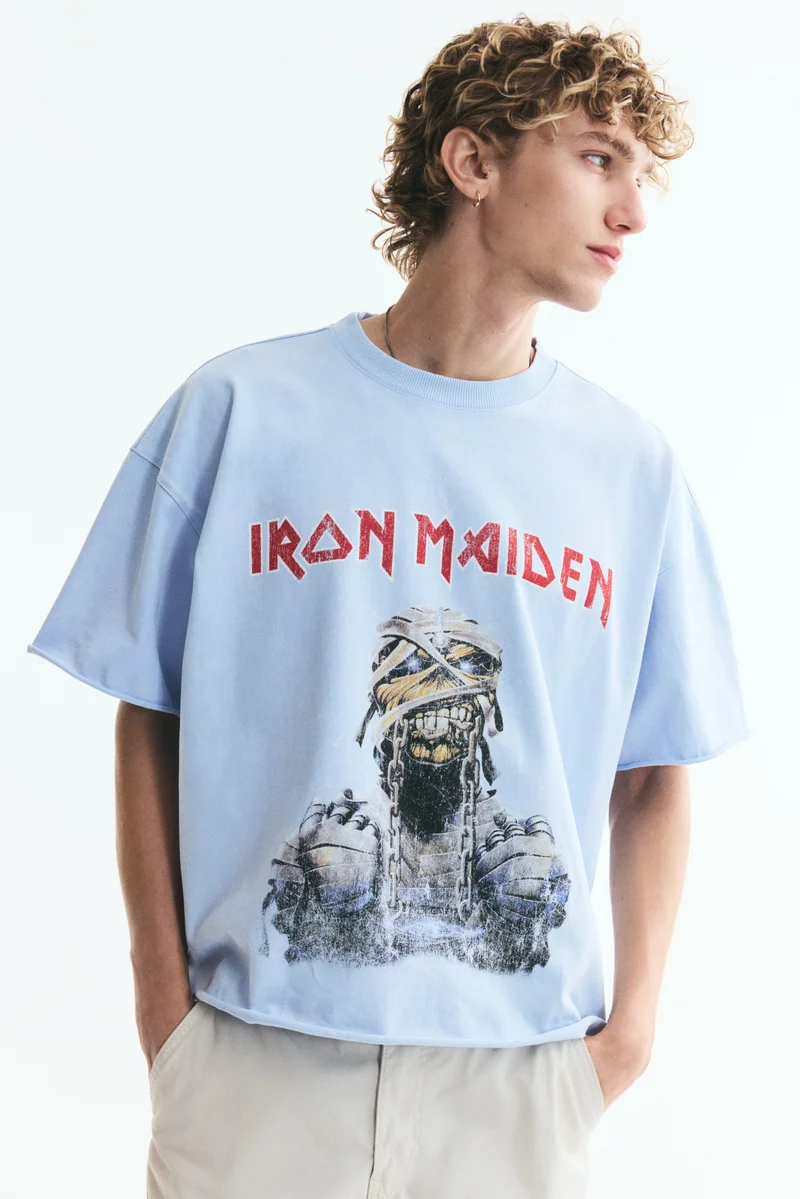 H&M Oversized Fit Printed raw-edge cotton T-shirt