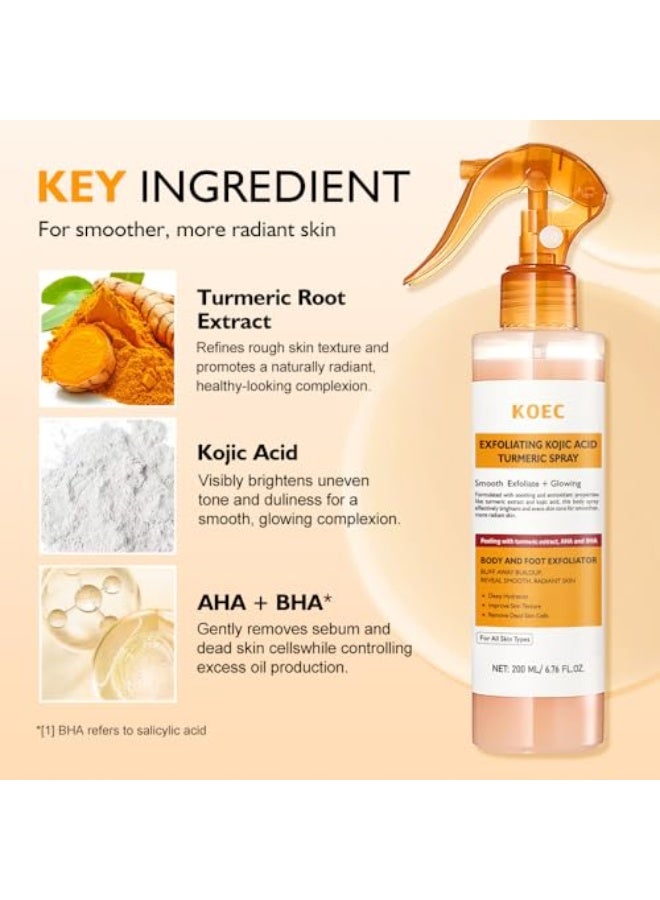 ك أو إي سي بخاخ تقشير بالكوجيك أسيد والكركم للعناية بالكيراتين 200 مل، بخاخ تقشير للجسم والوجه بالكوجيك أسيد والكركم، منظف للجسم وتقشير لطيف مع الريتينول لبشرة ناعمة - Image 4