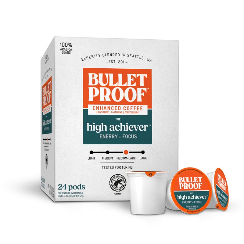Bulletproof The High Achiever Single-Serve Pods, 24 Count, Medium-Dark Roast Enhanced Coffee with Lion's Mane Mushroom, B Vitamins, and Adaptogens for Energy and Focus - Image 1