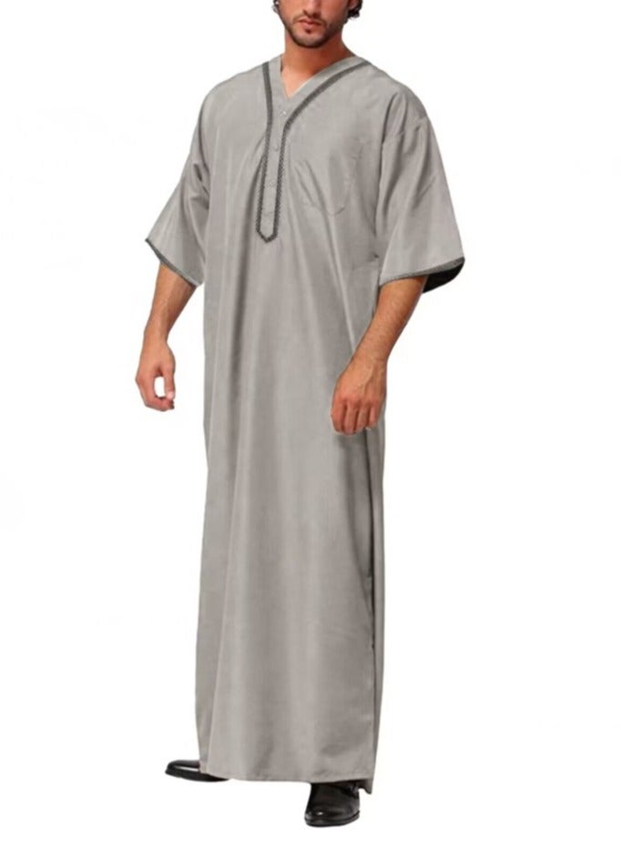Men's Muslim Loose Robe Thobe V-Neck Short Sleeve Side Split Kaftan Grey