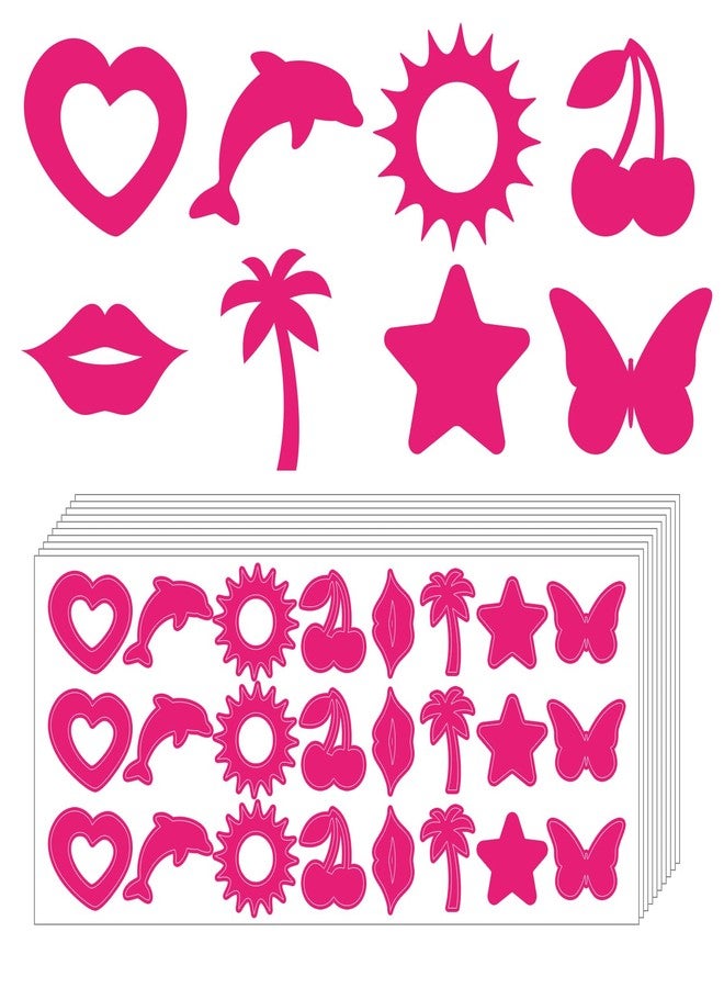 Whaline واهلين 240 قطعة ملصقات تسمير الشمس على شكل قلب ودلفين وشمس وكرز وشجرة ونجمة وفراشة ملصقات تسمير باللون الوردي الساخن لاصقة ذاتيًا للجسم لصيف الشاطئ والأنشطة الخارجية والداخلية وصالونات الحفلات - Image 1