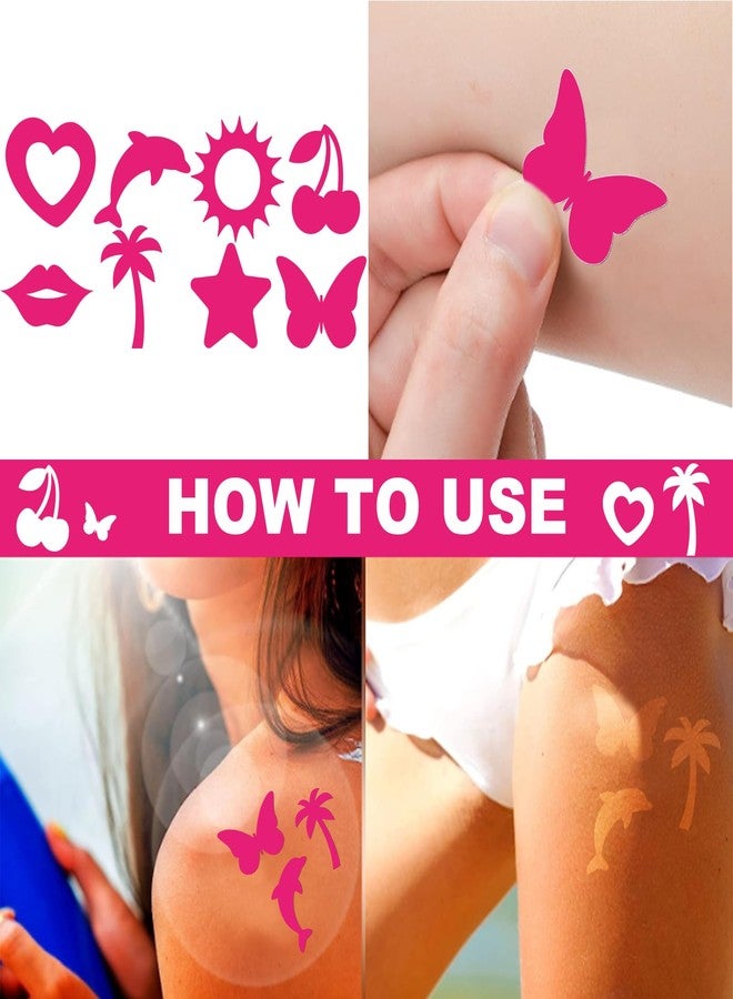 Whaline واهلين 240 قطعة ملصقات تسمير الشمس على شكل قلب ودلفين وشمس وكرز وشجرة ونجمة وفراشة ملصقات تسمير باللون الوردي الساخن لاصقة ذاتيًا للجسم لصيف الشاطئ والأنشطة الخارجية والداخلية وصالونات الحفلات - Image 3