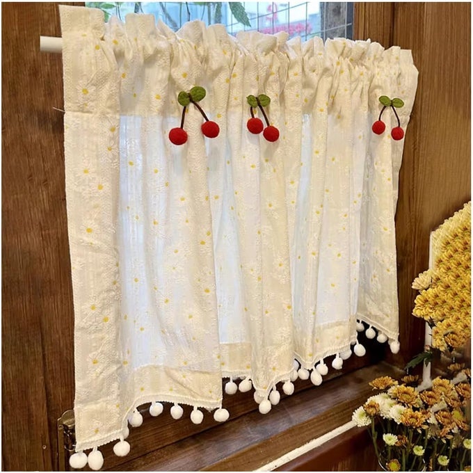 Embroidery Daisy Valance Curtain With Tassels Farmhouse Cherry Window Blackout Sheer for Bathroom Kitchen Cafe Decor White