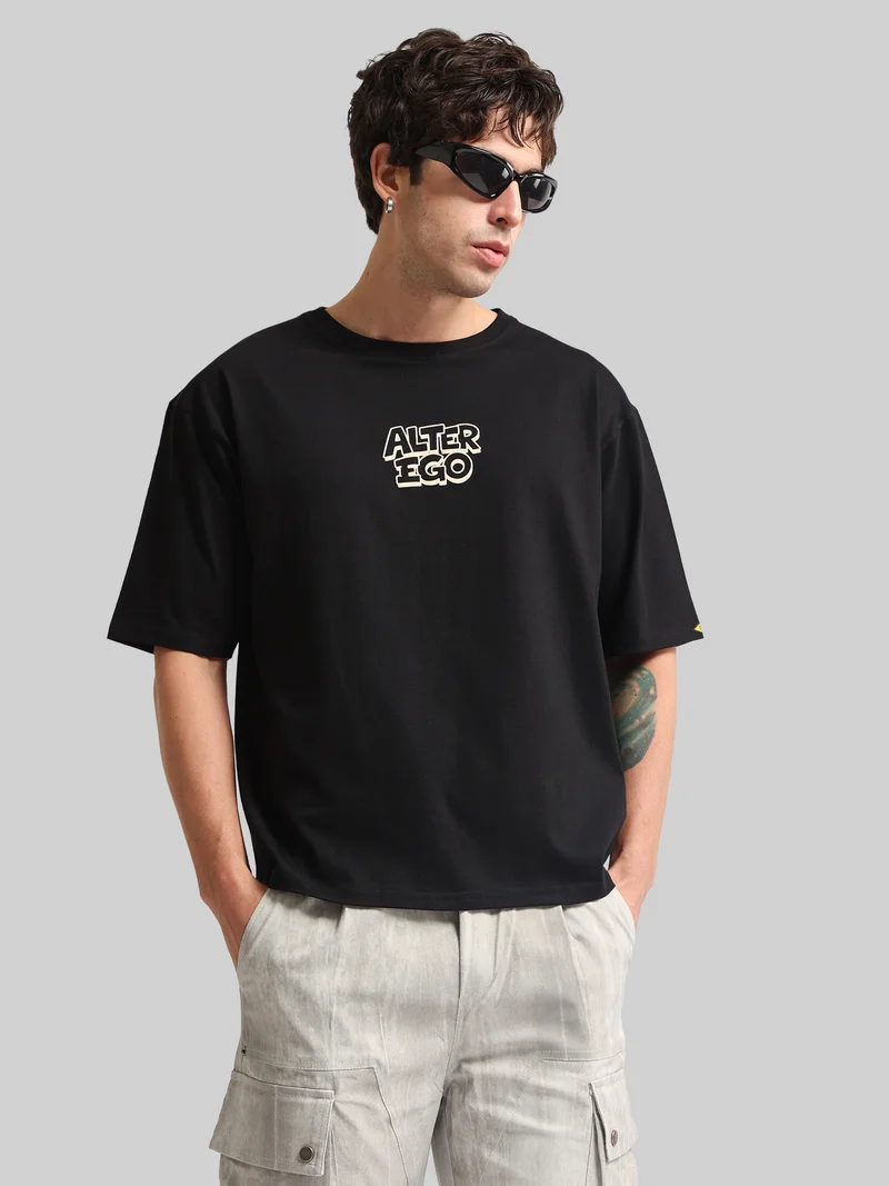 مانياك Maniac Mens Printed Round Neck Half Sleeve Black Cotton T-Shirt