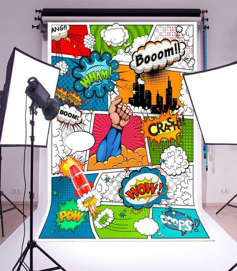 Yeele 5x7ft Cartoon Superhero Photography Background Humor Comics Book Photo Backdrops Vinyl Knock Combating Villain Boom Crash Rocket Pow Newborn Baby Boys Birthday Party Decorative Studio Props - Image 4