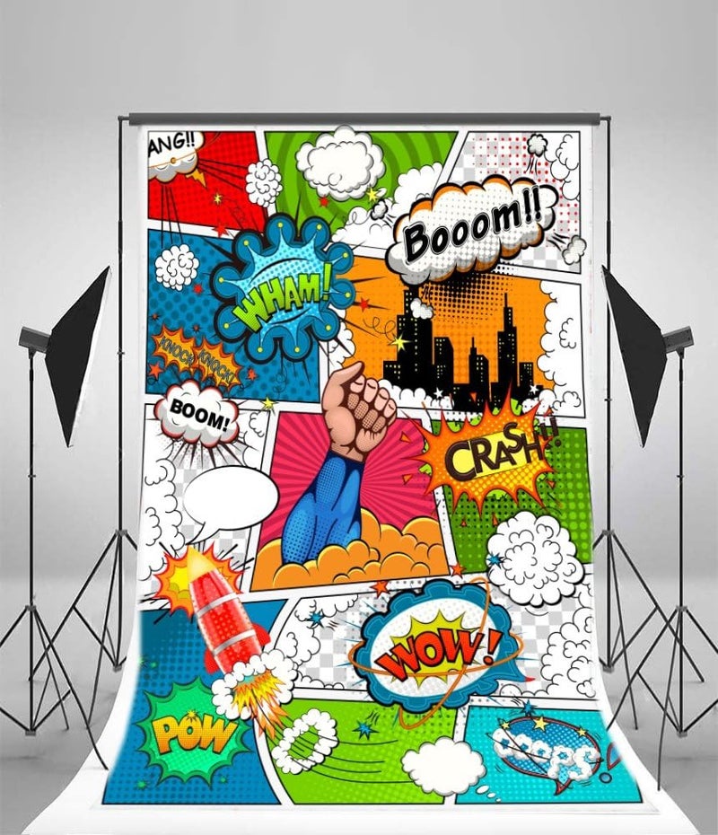 Yeele 5x7ft Cartoon Superhero Photography Background Humor Comics Book Photo Backdrops Vinyl Knock Combating Villain Boom Crash Rocket Pow Newborn Baby Boys Birthday Party Decorative Studio Props - Image 3