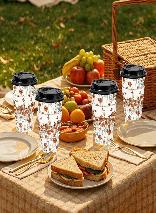 JarThenaAMCS 50 Sets Fall Floral Coffee Cups with Lids and Sleeves 16oz Autumn Wildflower Paper Cups Flower Disposable To Go Coffee Cup for Cafes Shops Cappuccino Chocolate Beverage - Image 4