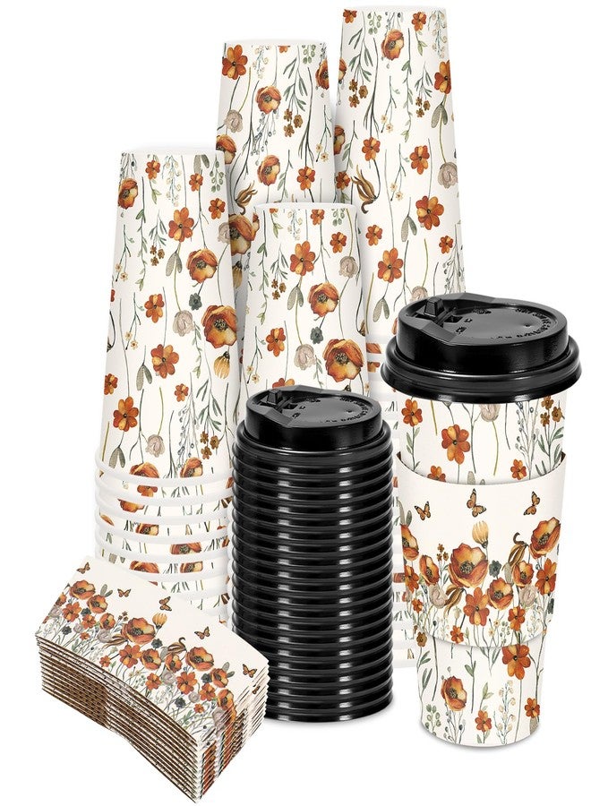 JarThenaAMCS 50 Sets Fall Floral Coffee Cups with Lids and Sleeves 16oz Autumn Wildflower Paper Cups Flower Disposable To Go Coffee Cup for Cafes Shops Cappuccino Chocolate Beverage - Image 1