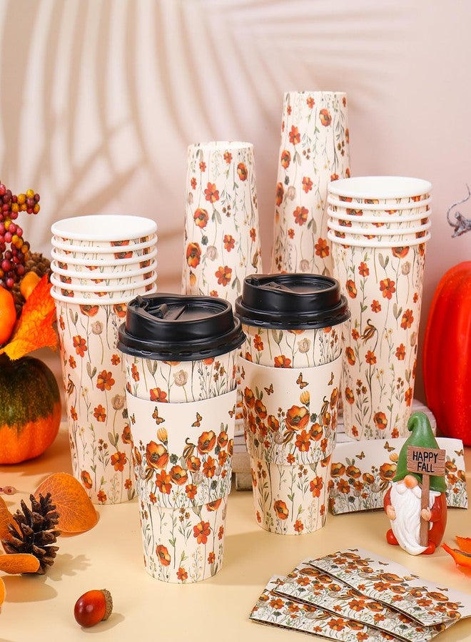 JarThenaAMCS 50 Sets Fall Floral Coffee Cups with Lids and Sleeves 16oz Autumn Wildflower Paper Cups Flower Disposable To Go Coffee Cup for Cafes Shops Cappuccino Chocolate Beverage - Image 5