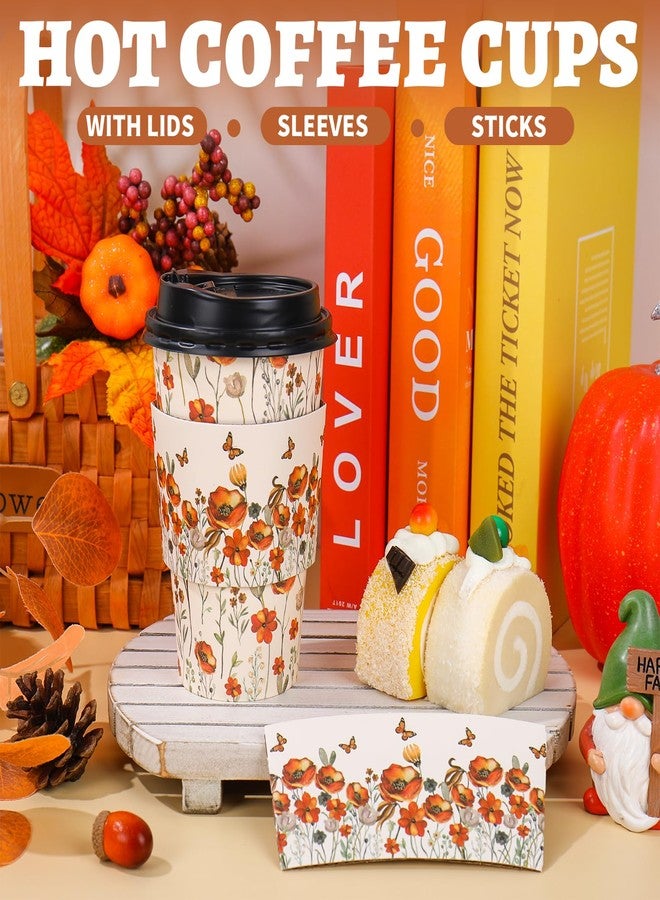 JarThenaAMCS 50 Sets Fall Floral Coffee Cups with Lids and Sleeves 16oz Autumn Wildflower Paper Cups Flower Disposable To Go Coffee Cup for Cafes Shops Cappuccino Chocolate Beverage - Image 3