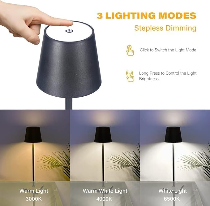 RHYDON 3 Color LED Battery Operated lamp with Touch Control Adjustable Cordless Rechargeable Table lamp Output USB Charging 3 Color Stepless Dimming Portable Night Light for Bedside Multicolor - Image 3