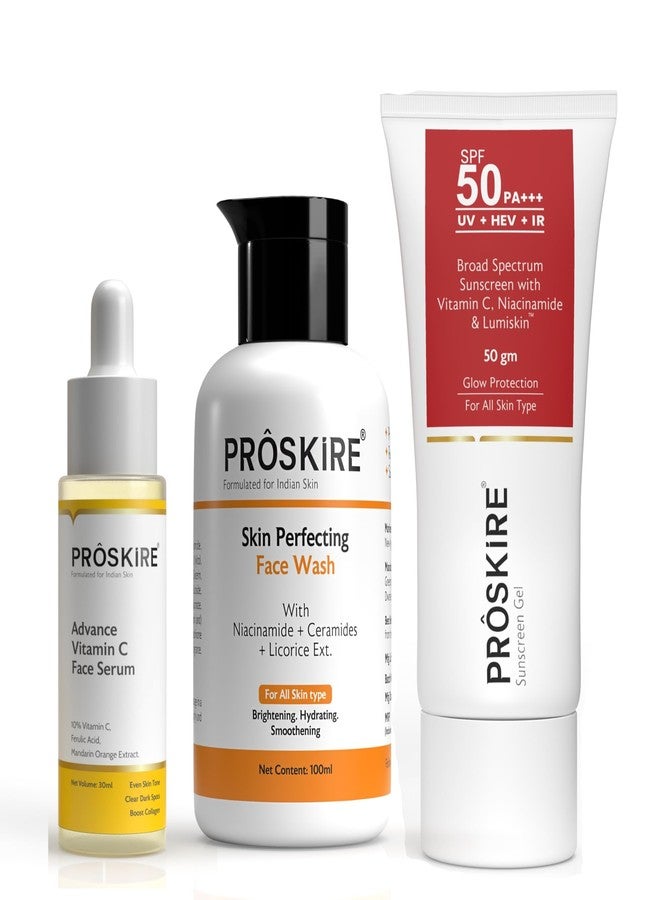 Proskire Brightening Skincare Kit, Daily Routine Combo for Men & Women, Face Wash, Vitamin C Serum & Sunscreen SPF 50 - Pack of 3 - Image 1