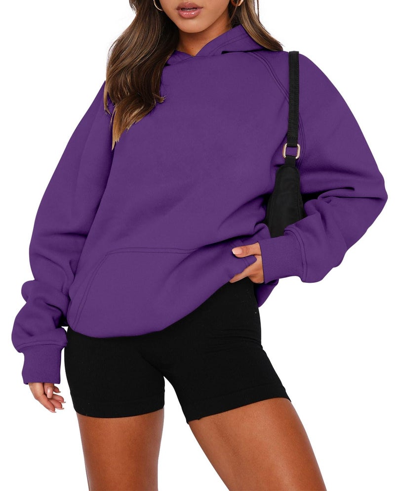 onlypuff Fleece Pullover Women Workout Sweatshirts Long Sleeve Basic Hoodies Purple M - Image 2