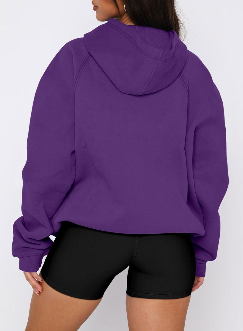 onlypuff Fleece Pullover Women Workout Sweatshirts Long Sleeve Basic Hoodies Purple M - Image 3