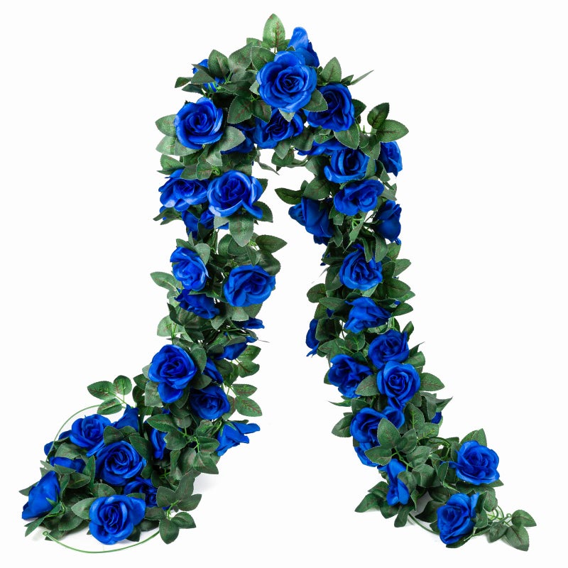 2 Pack 16FT Artificial Rose Vine Fake Flowers Garland Hanging Silk Rose Ivy Plants Vine for Wedding Arch Party Garden Home Bedroom Office Wall Aesthetic Art Dcor Royal Blue
