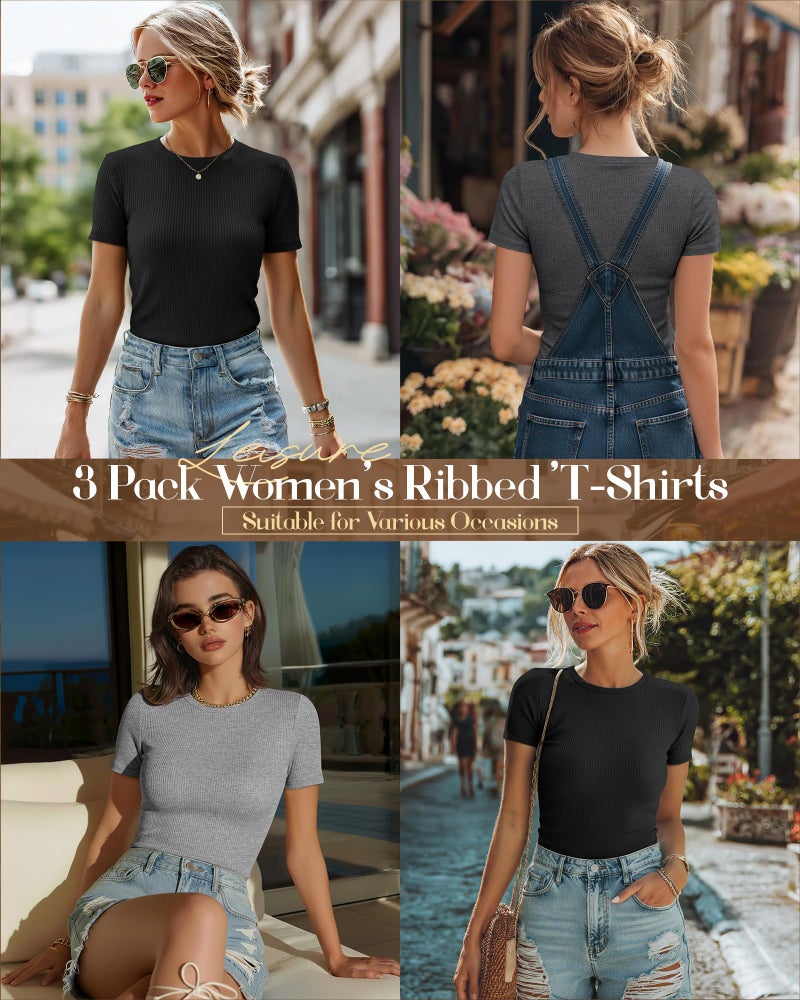 Ficerd 3 Pack Women's Ribbed T-Shirts, Cotton Short Sleeve Basic Tees Crewneck Fitted Tops Casual Shirts 2026 Summer Trendy(Black, Dark Gray, Light Gray,Medium) - Image 2