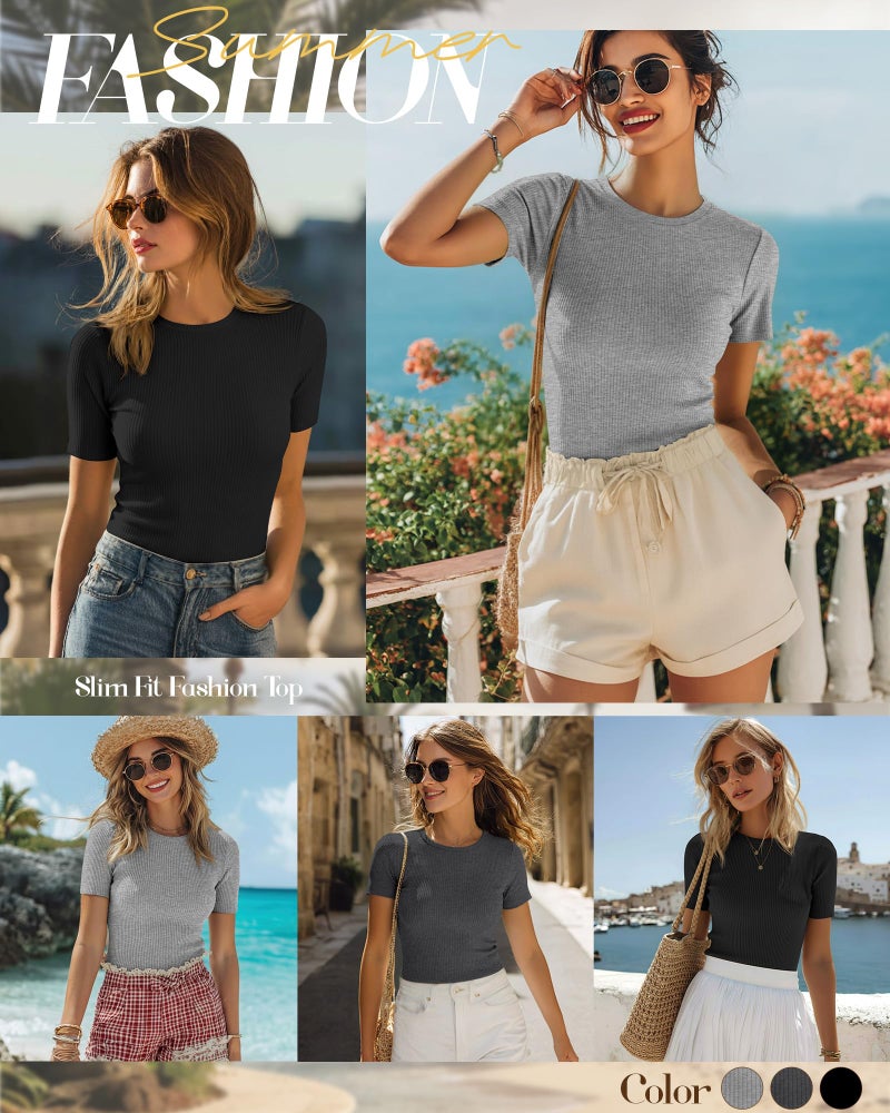 Ficerd 3 Pack Women's Ribbed T-Shirts, Cotton Short Sleeve Basic Tees Crewneck Fitted Tops Casual Shirts 2026 Summer Trendy(Black, Dark Gray, Light Gray,Medium) - Image 4
