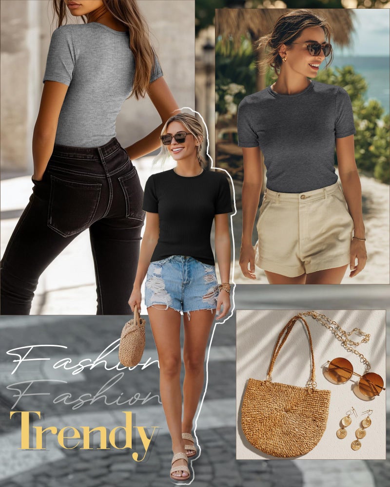 Ficerd 3 Pack Women's Ribbed T-Shirts, Cotton Short Sleeve Basic Tees Crewneck Fitted Tops Casual Shirts 2026 Summer Trendy(Black, Dark Gray, Light Gray,Medium) - Image 3