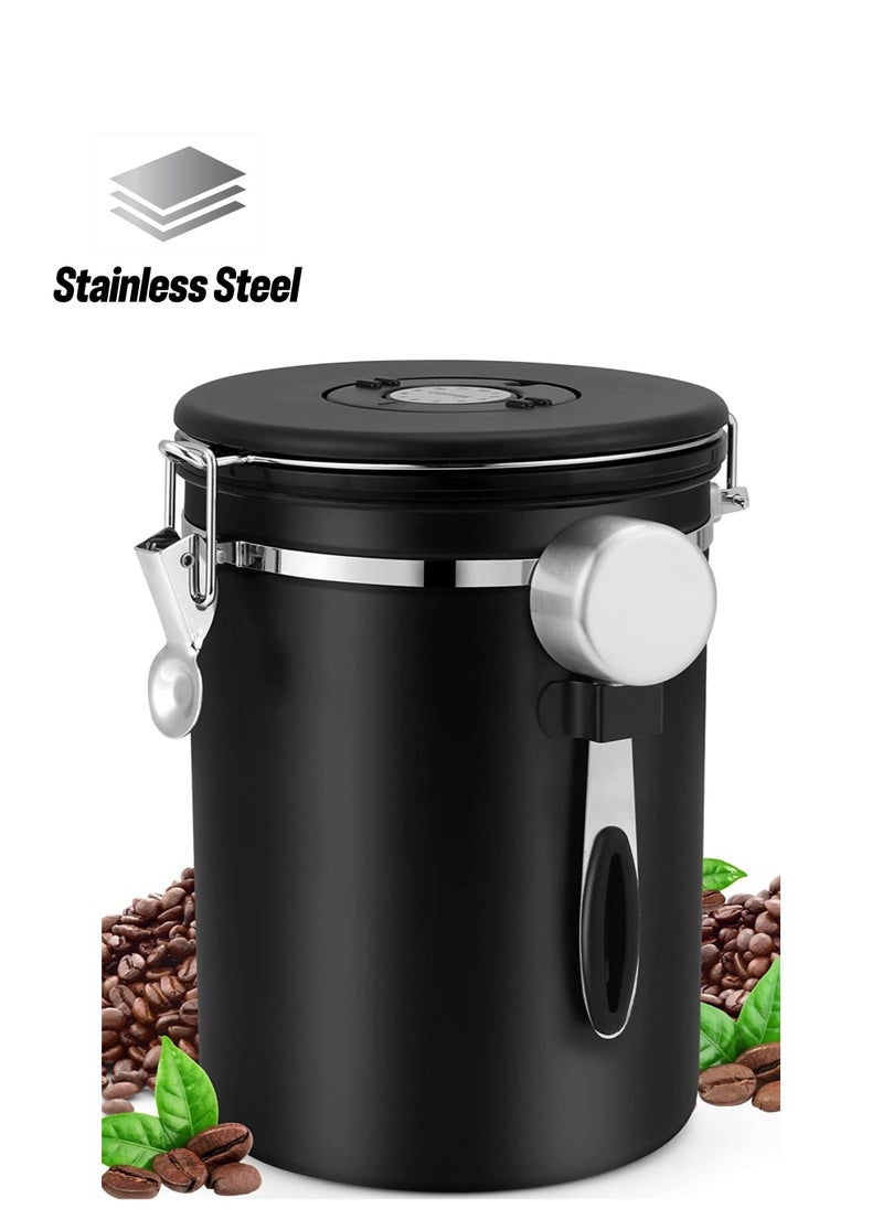 Arabest Airtight Coffee Canister, Coffee Jar for Coffee Grounds and Beans, Stainless Steel Kitchen Coffee Bean Can with Date Tracker and Scoop 1500ml Black  - Image 1