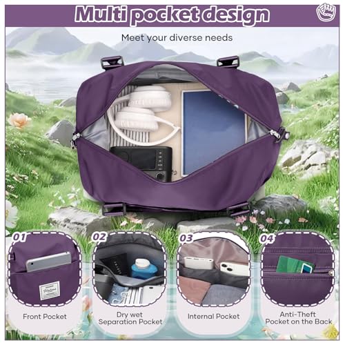 SEAFEW Small Gym Bag for Women, Dark Purple Stylish Duffle Travel Bag for Plane, Lightweight Duffle Bag for Women, Sport Gym Tote Bag with Wet Pocket for Yoga, Pilates, Swimming - Image 4