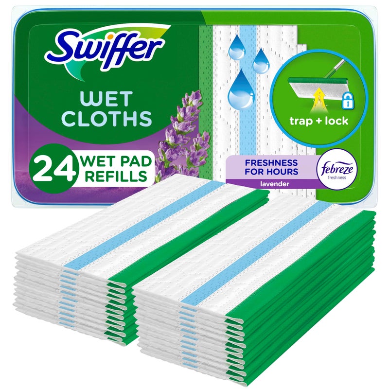 Swiffer Sweep + Mop, Wet Pads Refill, Floor Cleaner for Dirt, Dust, Hair, Cleaning Cloths for Mopping Home, Bathroom, Kitchen, All Purpose Multi-Surface Floor Wipes, Lavender, 24ct - Image 1