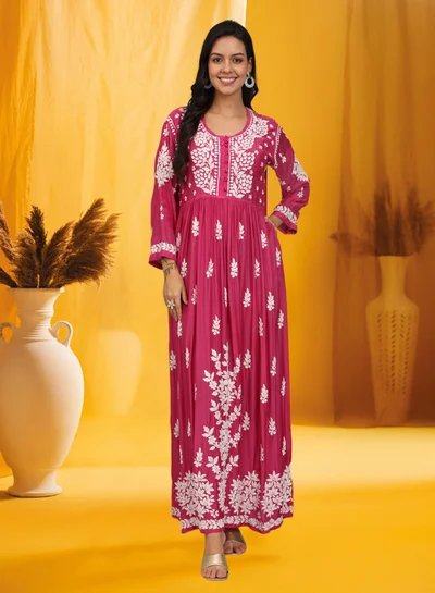 الايا جلابية شيكانكاري موسلين مطرزة يدوياً-AL4017