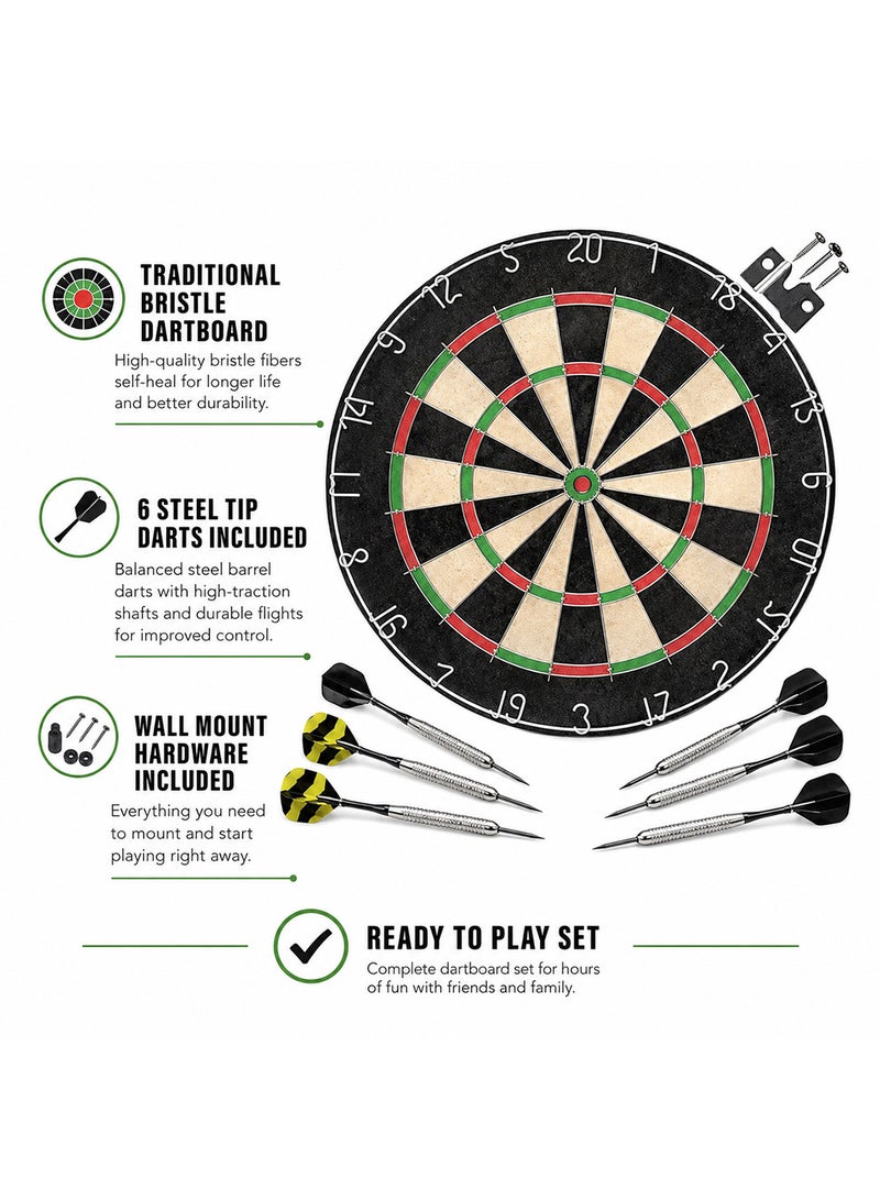 DEXO Bristle Steel Tip Dartboard Set with Staple-Free Bullseye, Galvanized Metal Radial Spider Wire Includes 6 Darts, Black, 17 inch - Image 2