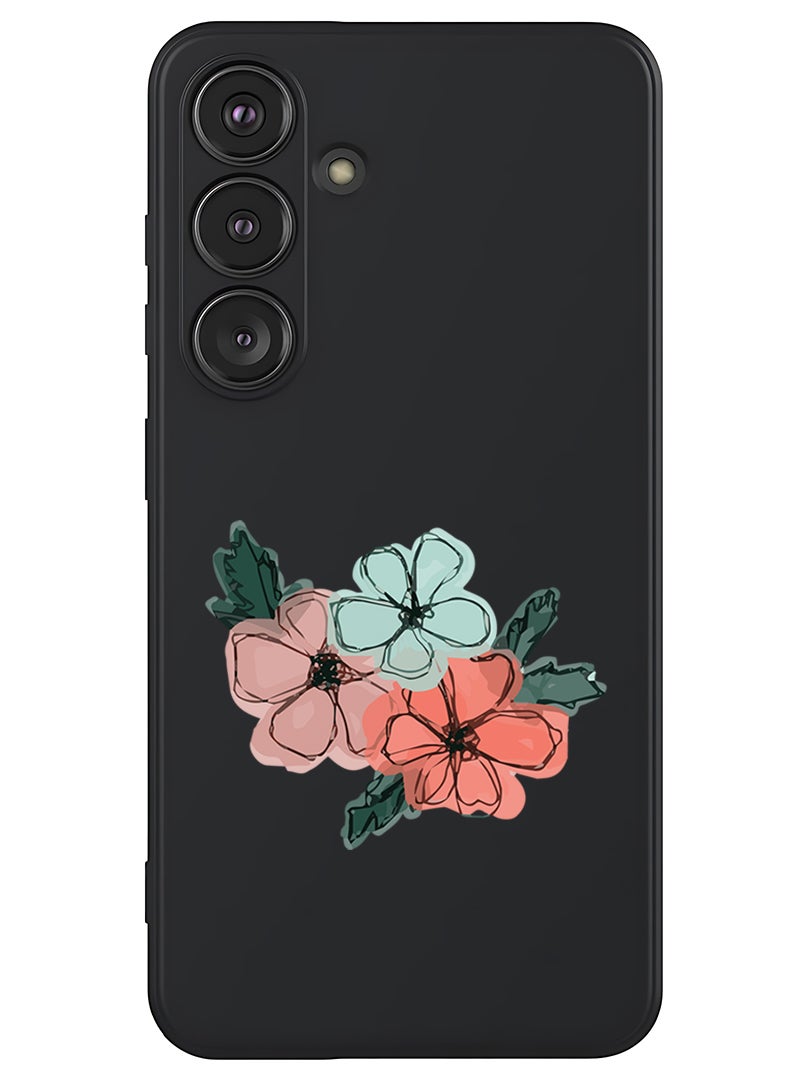 Theodor Protective Slim Fit Case Liquid Silicone Cover with Full Body Protection Anti-Scratch Shockproof Case For Samsung Galaxy S25 (Black) - Flowers - Image 1