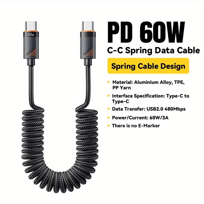 ESSAGER USB C Cable, Spring Type C Cable 100W/60W PD Fast Charging for iPhone 16 15 Samsung MacBook iPad Huawei