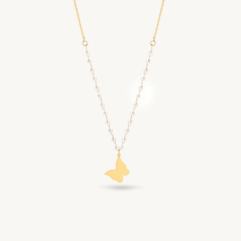 18K Gold Tone Plated Pearlline Mini Butterfly Drop Necklace For Women - Waterproof & Anti-Tarnish