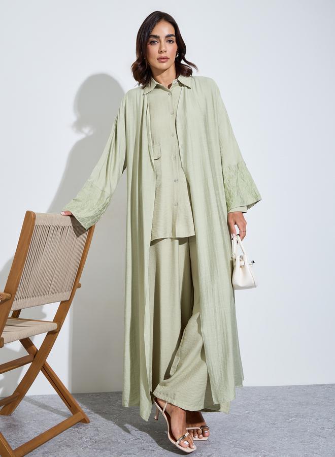Amirah front open abaya with embroidered lace at sleeve hem - Image 1