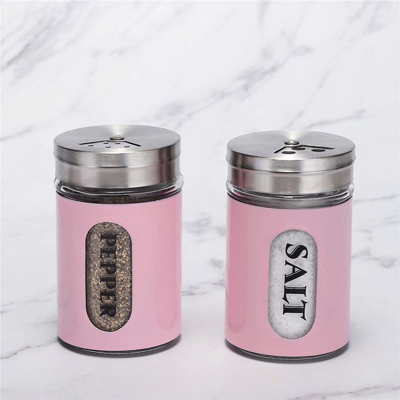 STJKBDFC Salt and Pepper Shakers Stainless Steel and Glass Set with Adjustable Pour Holes (Pink) - Image 2