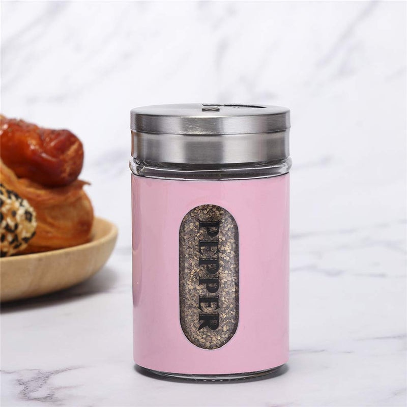 STJKBDFC Salt and Pepper Shakers Stainless Steel and Glass Set with Adjustable Pour Holes (Pink) - Image 5