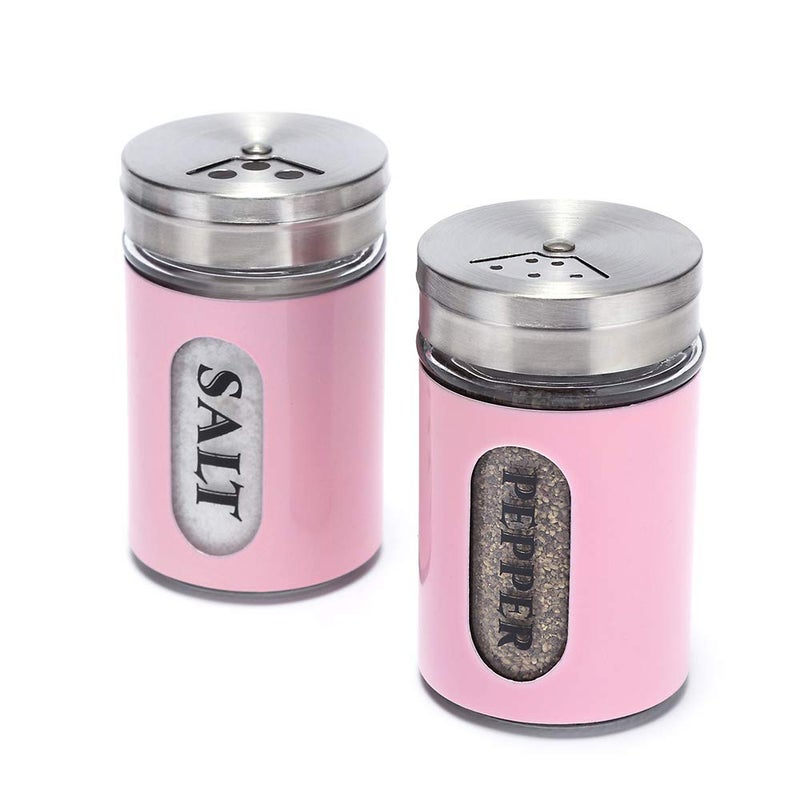 STJKBDFC Salt and Pepper Shakers Stainless Steel and Glass Set with Adjustable Pour Holes (Pink) - Image 1
