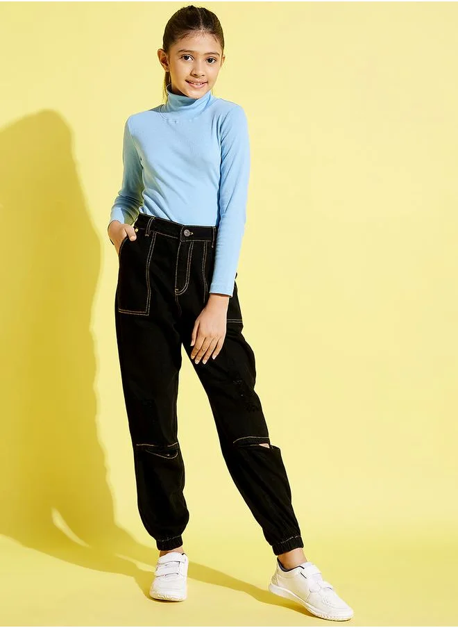 نو- ڤو Contrast Stitch Detail Knee Slit Denim Joggers by Styli