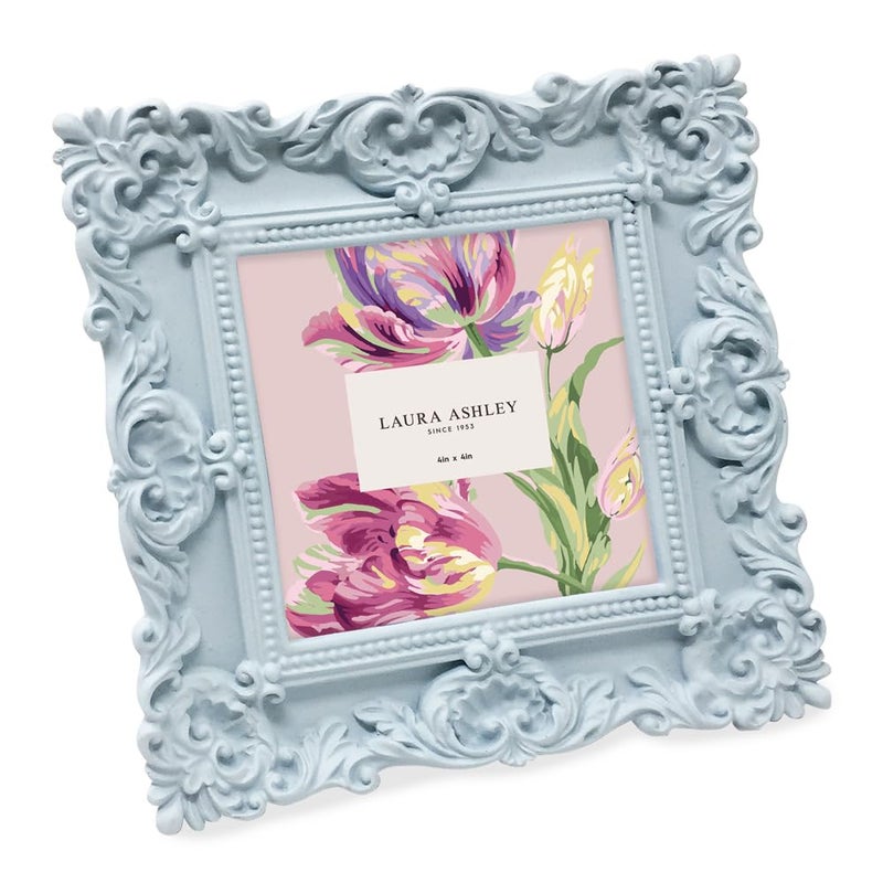 LAURA ASHLEY Laura Ashley 4x4 Ornate Textured HandCrafted Resin Picture Frame with Easel  Hook for Tabletop  Wall Display Decorative Floral Design Home Dcor Photo Gallery Art More 4x4 Powder Blue