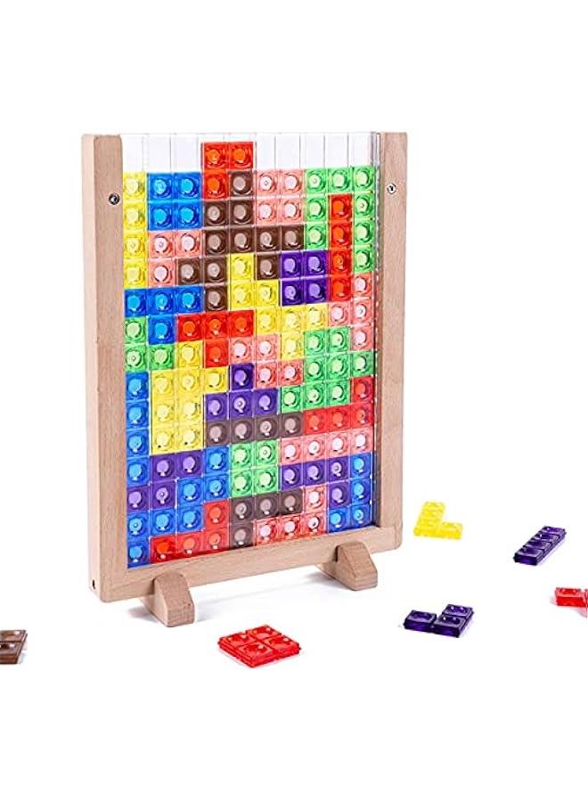 Wooden Blocks Puzzle Brain Teasers Toy, Intelligent Colorful 3D Plastic Blocks Game with Vertical Wood Frame Game Board, Tangram Educational Montessori Toys Gift for Kids Age 4-8 Years Old - Image 1