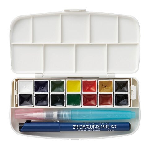Kuretake WATERCOLOUR TRANSPARENT 14 colors set with fineliner pen and water brush pen, Portable, In a compact box, Vibrant watercolors, For professional and hobbyist, AP-Certified, Made in Japan - Image 4
