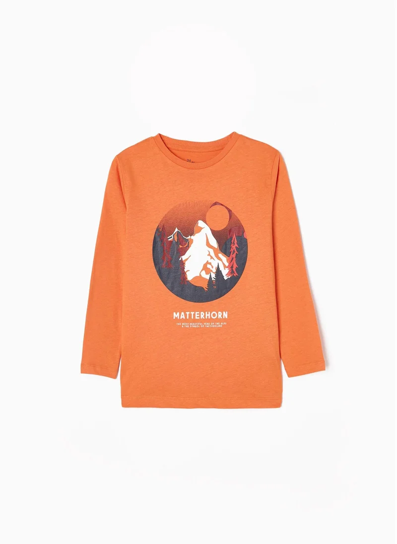 زيبي Long Sleeve Cotton T-shirt for Boys 'Matterhorn', Orange