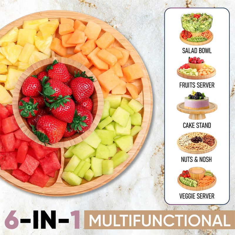 CHEF'S UNIQUE 6-in-1 Bamboo Cake Stand with Dome â€“ Multifunctional Serving Platter, Punch Bowl, Salad Bowl, Chip & Dip Tray, Dessert Display with Clear Acrylic Cover - Image 2