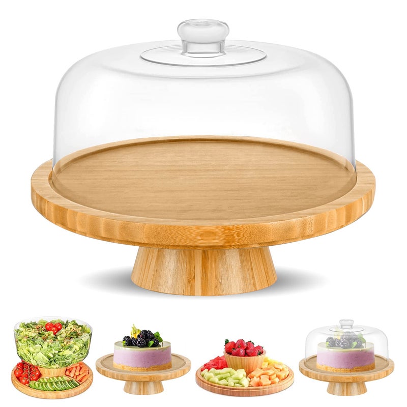 CHEF'S UNIQUE 6-in-1 Bamboo Cake Stand with Dome â€“ Multifunctional Serving Platter, Punch Bowl, Salad Bowl, Chip & Dip Tray, Dessert Display with Clear Acrylic Cover - Image 1
