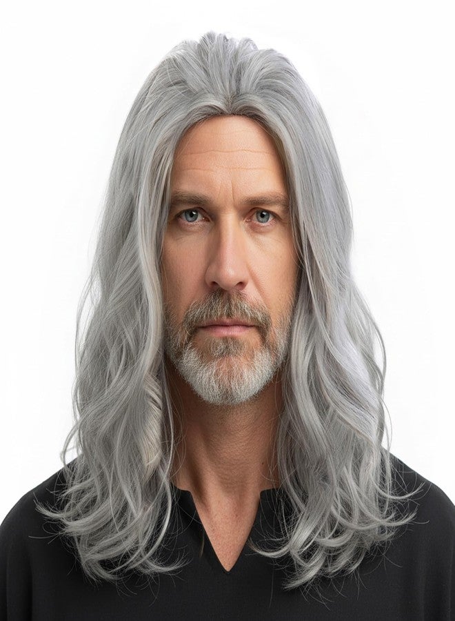 Dsimeig Long Curly Wavy Grey Wigs for Men Synthetic Natural Cosplay Halloween Costume Party Wig,16inch - Image 1