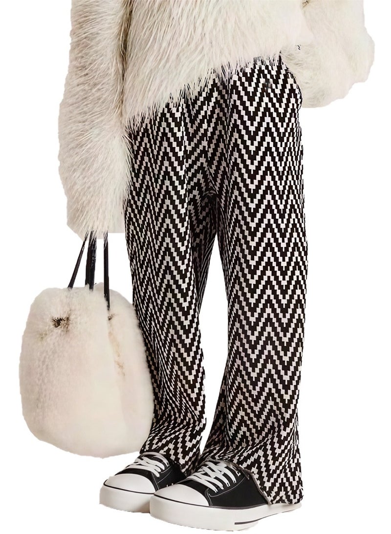 ويني بي بنطلون بناتي من قماش مخملي مستقيم الساق بطبعة موجة مثلثة باللونين الأبيض والأسود - Image 1
